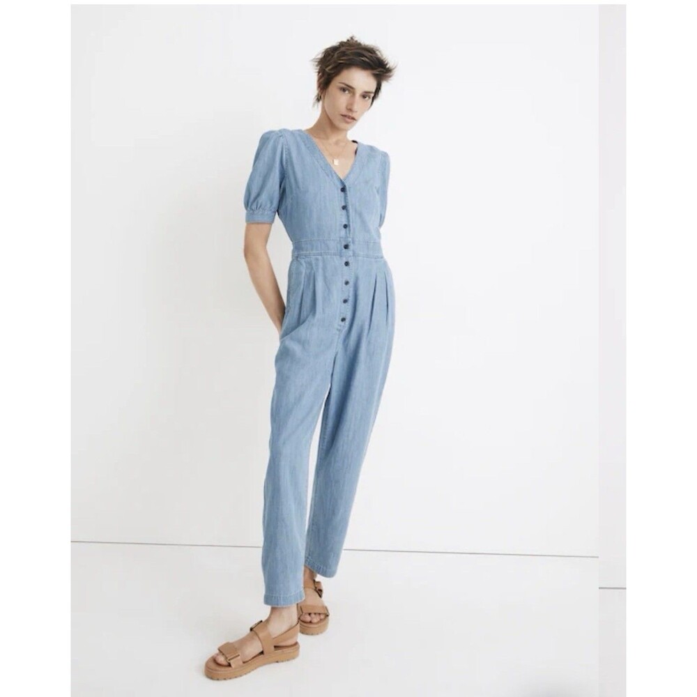 Madewell Denim Puff-Sleeve Button-Front Jumpsuit Soft Indigo Size 8 Boho Party